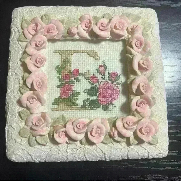 Other - Square Resin Frame W/ Pink Roses Cream Colored Cross Stitch Letter E W/ Roses